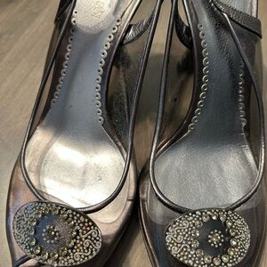 Giorgio Armani grey clear plastic Slingback Sandals w/crystal medallion sz 36.5